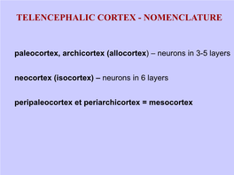 Paleocortex, Archicortex (Allocortex) – Neurons in 3-5 Layers Neocortex (Isocortex) – Neurons in 6 Layers Peripaleocortex Et Periarchicortex = Mesocortex