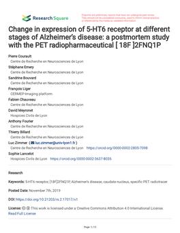 Change in Expression of 5-HT6 Receptor at Different Stages of Alzheimer’S Disease: a Postmortem Study with the PET Radiopharmaceutical [ 18F ]2FNQ1P