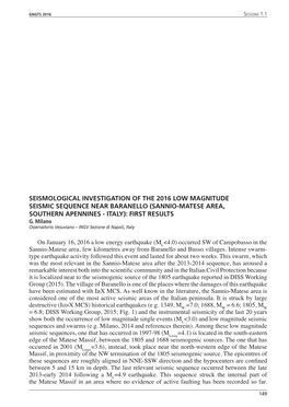 Seismological Investigation of the 2016 Low Magnitude Seismic Sequence Near Baranello (Sannio-Matese Area, Southern Apennines - Italy): First Results G