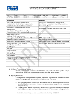 Noise Advisory Committee Meeting – 10/30/2019 Portland International Jetport Noise Advisory Committee 1001 Westbrook Street, Portland, Maine 04102