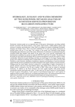 Hydrology, Ecology and Water Chemistry of Two Suds Ponds: Detailed Analysis of Ecosystem Services Provided by Blue-Green Infrastructure