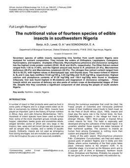 The Nutritional Value of Fourteen Species of Edible Insects in Southwestern Nigeria