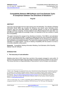 Compatibility Between BIM Software and Cost Estimate Tools: a Comparison Between Two Directions of Solutions1, 2