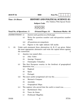 HISTORY and POLITICAL SCIENCE (E) (For Children with Special Needs) Subject Code