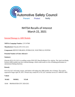 NHTSA Recalls of Interest March 22, 2021