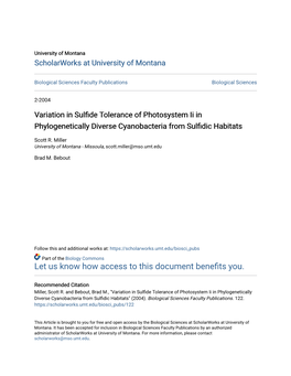 Variation in Sulfide Tolerance of Photosystem Ii in Phylogenetically