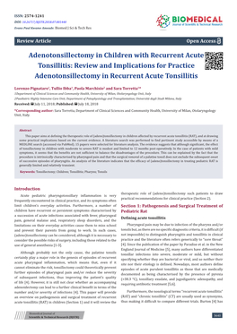 Adenotonsillectomy in Children with Recurrent Acute Tonsillitis: Review and Implications for Practice Adenotonsillectomy in Recurrent Acute Tonsillitis