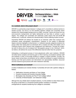 DRIVER Project (HEFCE Catalyst Fund) Information Sheet