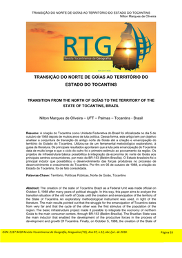 TRANSIÇÃO DO NORTE DE GOÍAS AO TERRITÓRIO DO ESTADO DO TOCANTINS Nilton Marques De Oliveira
