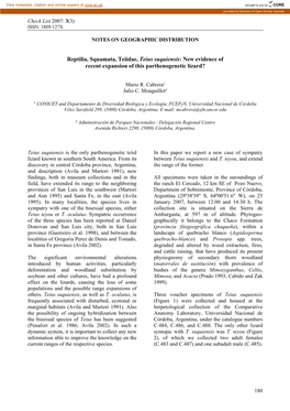 Reptilia, Squamata, Teiidae, Teius Suquiensis: New Evidence of Recent Expansion of This Parthenogenetic Lizard?