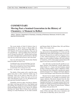 COMMENTARY Moving Past a Seminal Generation in the History of Chemistry: a Moment to Reflect