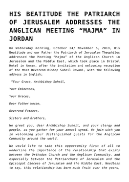 His Beatitude the Patriarch of Jerusalem Addresses the Anglican Meeting “Majma” in Jordan