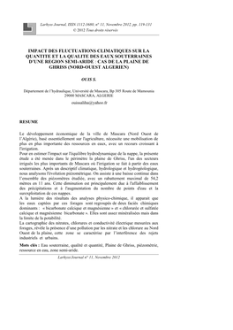 Impact Des Fluctuations Climatiques Sur La Quantite Et La Qualite Des Eaux Souterraines D’Une Region Semi-Aride : Cas De La Plaine De Ghriss (Nord-Ouest Algerien)