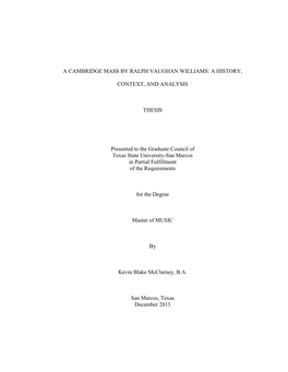 A Cambridge Mass by Ralph Vaughan Williams: a History