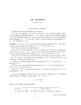 LIE ALGEBRAS Enveloping Algebras in This Section the Ground Field K Is