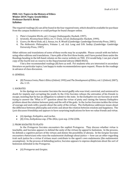 PHIL 161: Topics in the History of Ethics Winter 2019; Topic: Greek Ethics Professor David O