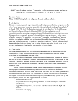 SSHRC and the Conscientious Community: Reflecting and Acting on Indigenous Research and Reconciliation in Response to TRC Call to Action 65