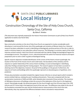 Construction Chronology of the Site of Holy Cross Church, Santa Cruz, Calfornia by Edna E