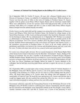 Summary of National Fact Finding Report on the Killing of Fr. Cecilio Lucero on 6 September 2009, Fr. Cecilio