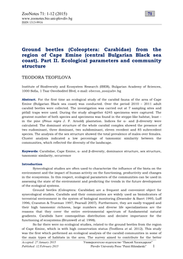 Ground Beetles (Coleoptera: Carabidae) from the Region of Cape Emine (Central Bulgarian Black Sea Coast)