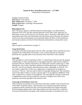 Samuel H. Beer, Oral History Interview – 11/7/2002 Administrative Information Creator: Samuel H. Beer Interviewer: Vicki Dait