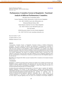 Parliamentary Committee System in Bangladesh: Functional Analysis of Different Parliamentary Committee