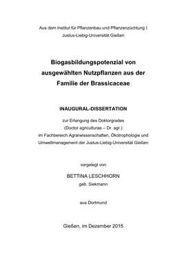 Biogasbildungspotenzial Von Ausgewählten Nutzpflanzen Aus Der Familie Der Brassicaceae