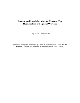 New Migration and Racism in Cyprus: the Racialisation of Migrant Workers