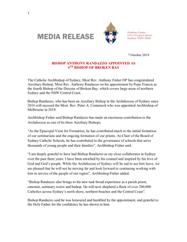 Bishop Anthony Randazzo Appointed As 4Th Bishop of Broken Bay