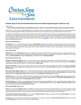 Chicken Soup for the Soul Entertainment Announces New Programming for Crackle for July