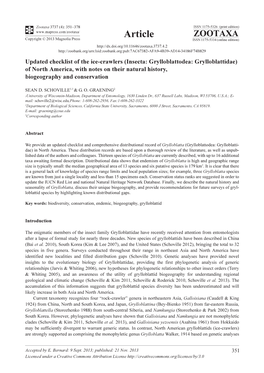 Insecta: Grylloblattodea: Grylloblattidae) of North America, with Notes on Their Natural History, Biogeography and Conservation