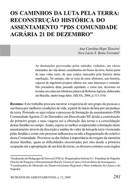 Os Caminhos Da Luta Pela Terra: Reconstrução Histórica Do Assentamento 