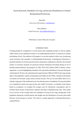 Social Structures, Standards of Living, and Income Distribution in Colonial Bechuanaland Protectorate