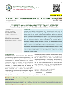 LIPOSOME: a CARRIER for EFFECTIVE DRUG DELIVERY Ananta Choudhury, Kashmiri Sonowal*, Rhela E Laskar, Debasish Deka, Biplab Kumar Dey