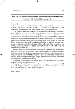 Letter from Vlas Chubar to Molotov and Stalin on Agricultural Affairs in the Ukrainian SSR in Holodomor of 1932–33 in Ukraine (2008)