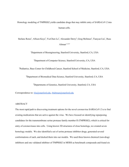 Homology Modeling of TMPRSS2 Yields Candidate Drugs That May Inhibit Entry of SARS-Cov-2 Into
