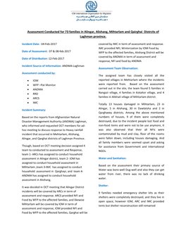 Assessment Conducted for 73 Families in Alingar, Alishang, Mihtarlam and Qairghai Distrcits of Laghman Province
