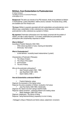 Nihilism, from Existentialism to Postmodernism Dr Ashley Woodward the Melbourne School of Continental Philosophy Phallacy@Tpg.Com.Au