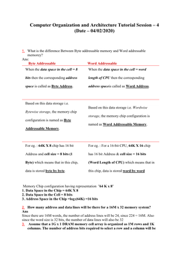 Computer Organization and Architecture Tutorial Session – 4 (Date – 04/02/2020)