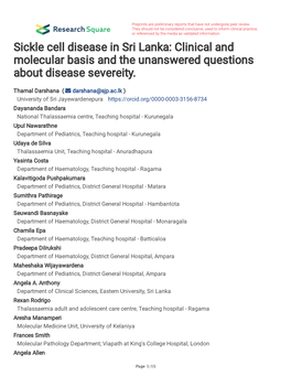 Sickle Cell Disease in Sri Lanka: Clinical and Molecular Basis and the Unanswered Questions About Disease Severeity