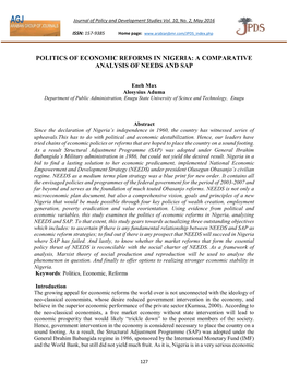 Politics of Economic Reforms in Nigeria: a Comparative Analysis of Needs and Sap