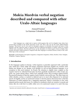 Mokša Mordvin Verbal Negation Described and Compared with Other Uralo-Altaic Languages