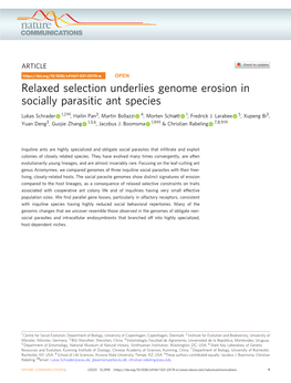 Relaxed Selection Underlies Genome Erosion in Socially Parasitic Ant Species ✉ Lukas Schrader 1,2 , Hailin Pan3, Martin Bollazzi 4, Morten Schiøtt 1, Fredrick J
