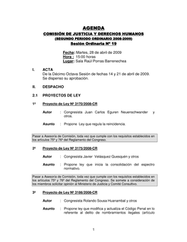 AGENDA COM ISIÓN DE JUSTICIA Y DERECHOS HUM ANOS (SEGUNDO PERIODO ORDINARIO 2008-2009) Sesión Ordinaria Nº 19