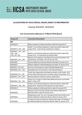 ALLEGATIONS of CHILD SEXUAL ABUSE LINKED to WESTMINSTER Hearing: 04.03.2019