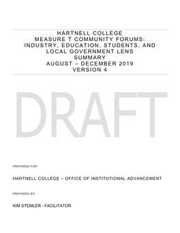 Hartnell College Measure T Community Forums: Industry, Education, Students, and Local Government Lens Summary August – DECEMBER 2019 Version 4