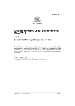 Liverpool Plains Local Environmental Plan 2011 Under the Environmental Planning and Assessment Act 1979