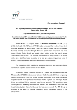 TTI Signs Agreement to Acquire Milwaukee®, AEG® and Drebo® from Atlas Copco AB