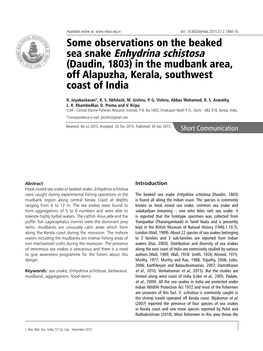 Sea Snake Enhydrina Schistosa (Daudin, 1803) in the Mudbank Area, Off Alapuzha, Kerala, Southwest Coast of India