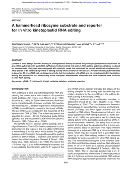 A Hammerhead Ribozyme Substrate and Reporter for in Vitro Kinetoplastid RNA Editing